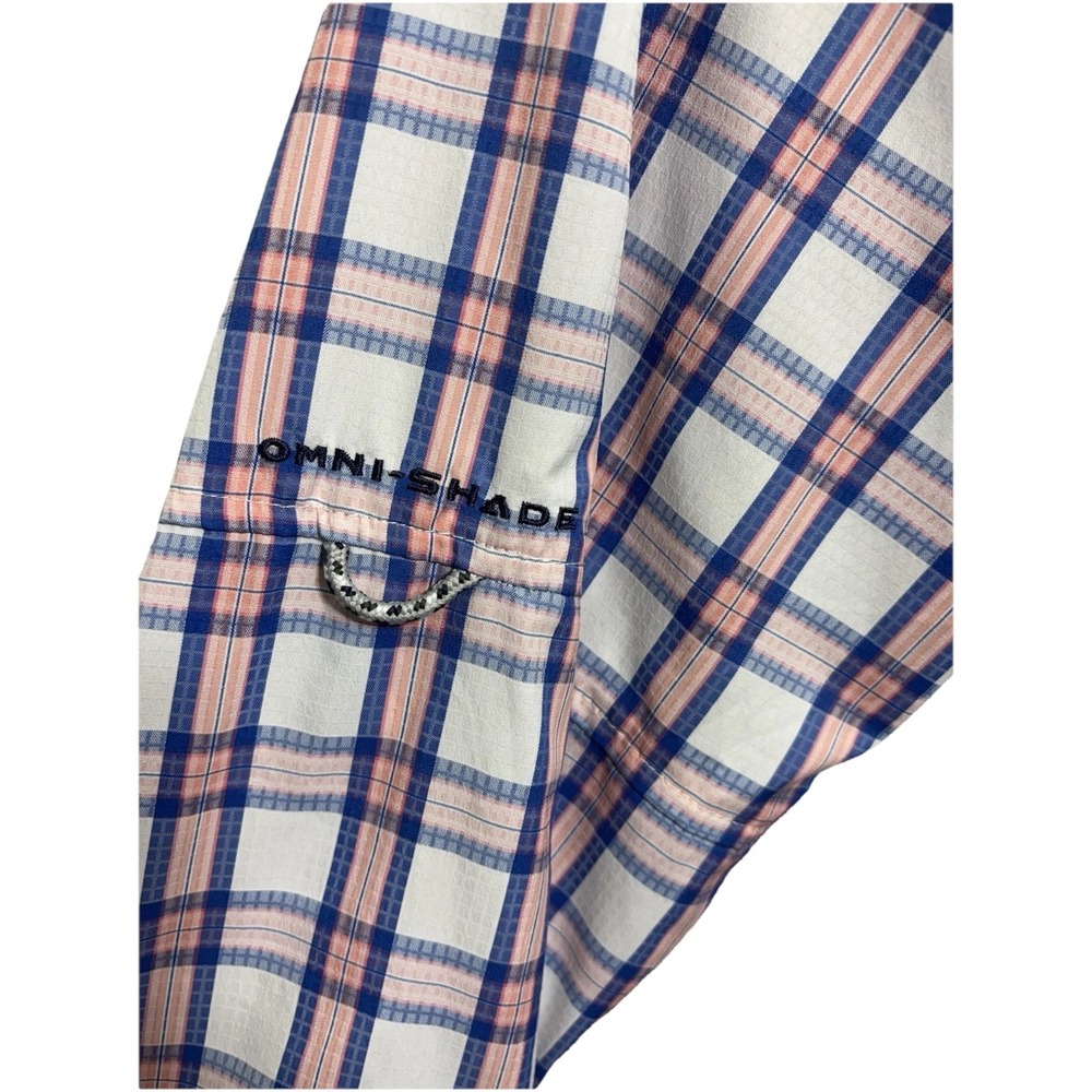 Columbia PFG Super Tamiami Mens Medium Plaid Fishing Shirt Blue Pink And White - Picture 9 of 10